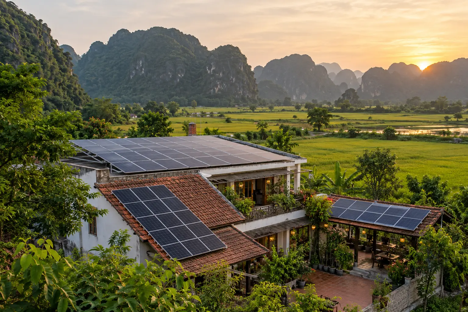 Homestay giữa cánh đồng và núi đá vôi, mái có tấm pin mặt trời