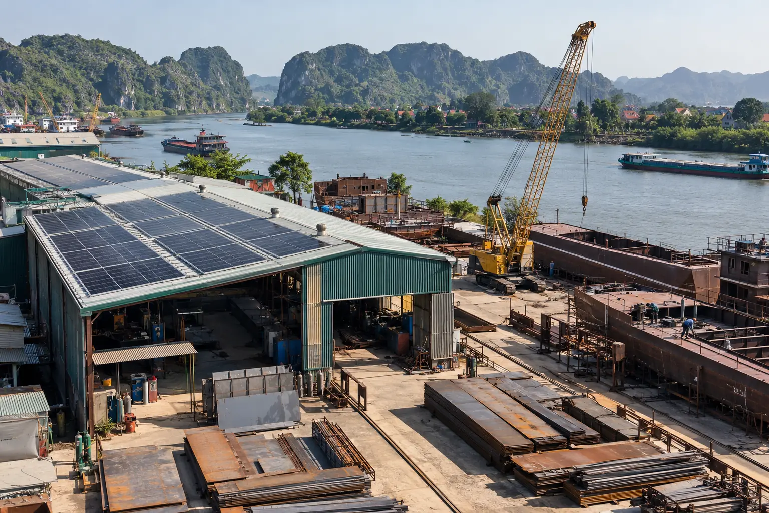 Xưởng cơ khí ven sông có mái lắp tấm pin mặt trời